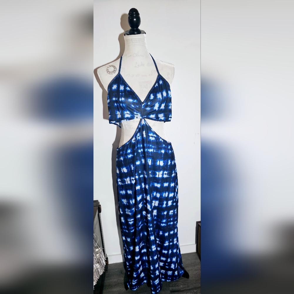 SHEIN Blue Tie-Dye Cutout Maxi Dress
